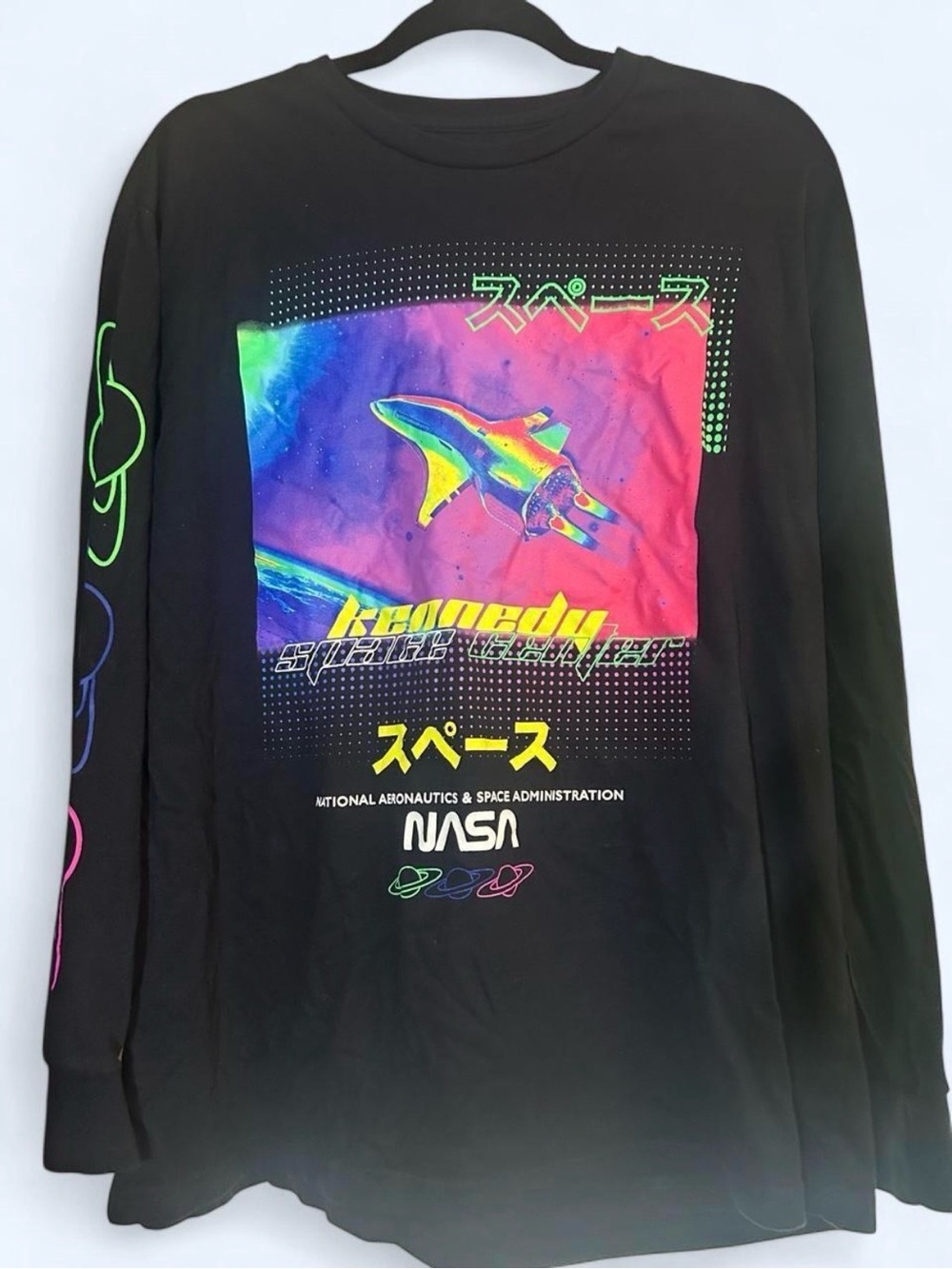 Large NASA Black Long Sleeve Tee with Neon Space Graphic